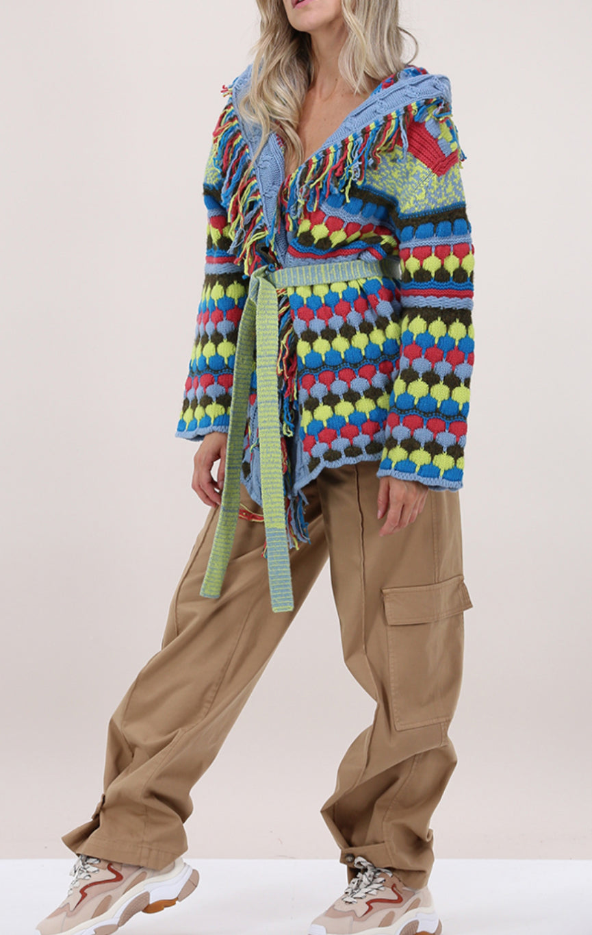Cardigan multicolor Semicouture in lana e alpaca con frange
