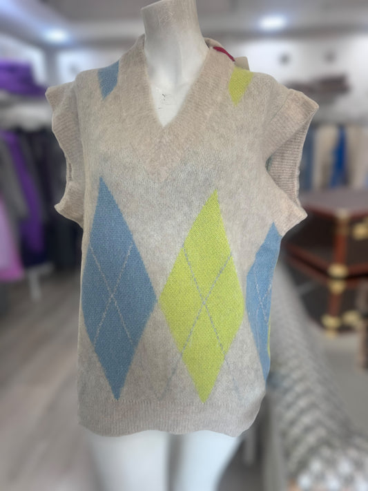 Gilet per smanicato a rombi Semicouture grigio/lime/azzurro
