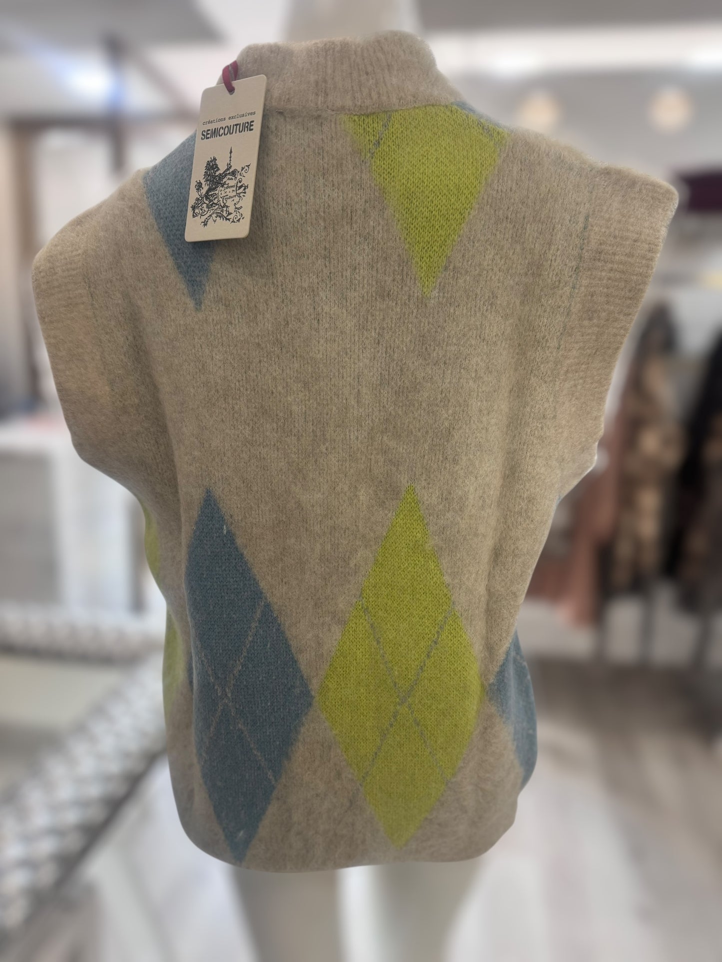 Gilet per smanicato a rombi Semicouture grigio/lime/azzurro