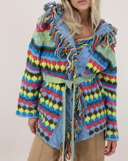 Cardigan multicolor Semicouture in lana e alpaca con frange