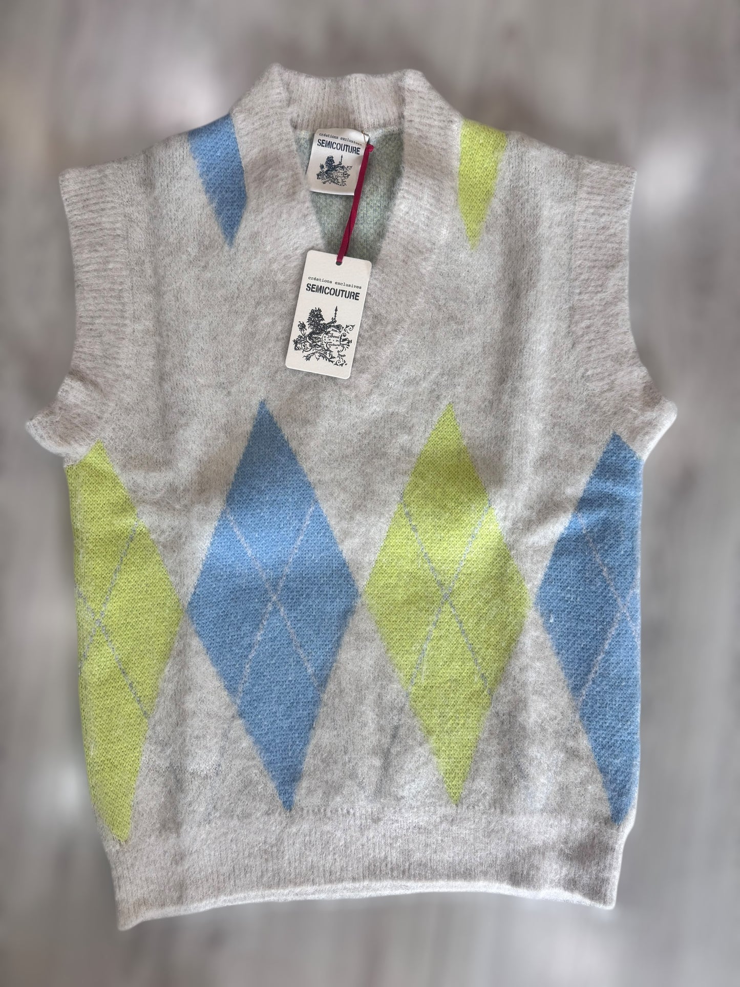 Gilet per smanicato a rombi Semicouture grigio/lime/azzurro