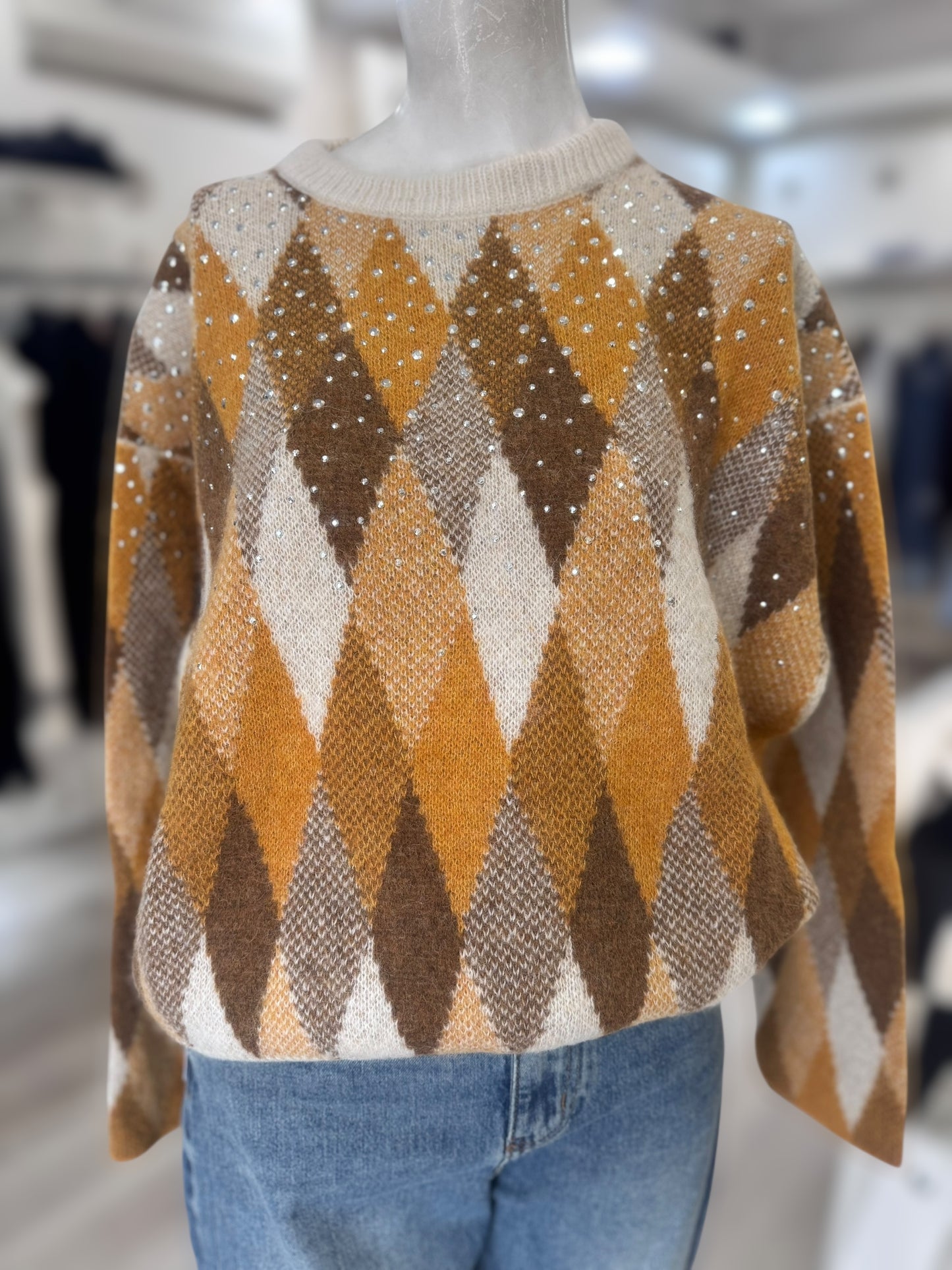 Maglia Semicouture rombi ocra con strass