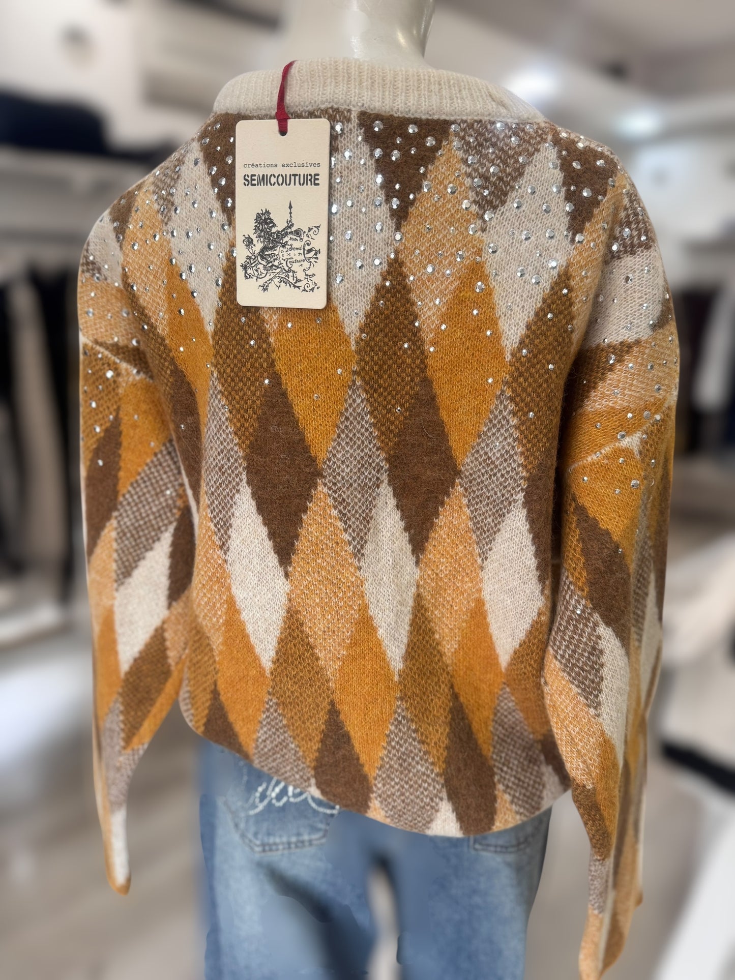 Maglia Semicouture rombi ocra con strass