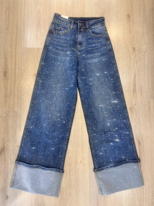 Jeans palazzo con strass all-over